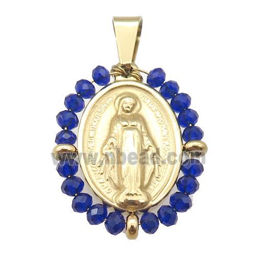 stainless steel Jesus pendant with blue crystal glass wrapped, gold plated