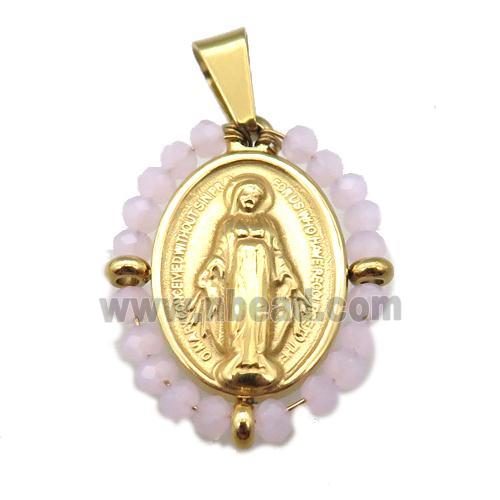 stainless steel Jesus pendant with pink crystal glass wrapped, gold plated