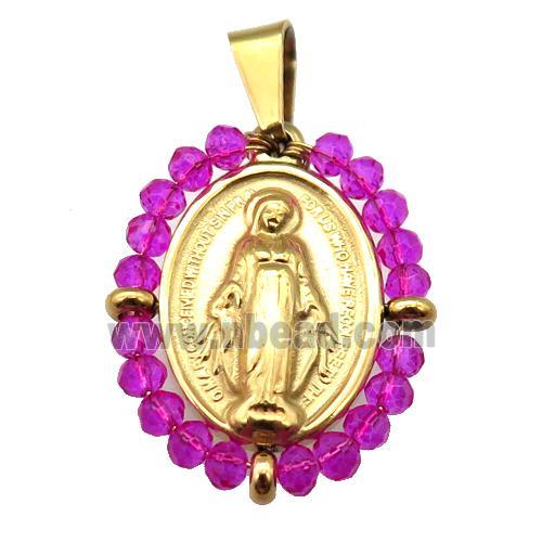 stainless steel Jesus pendant with hotpink crystal glass wrapped, gold plated