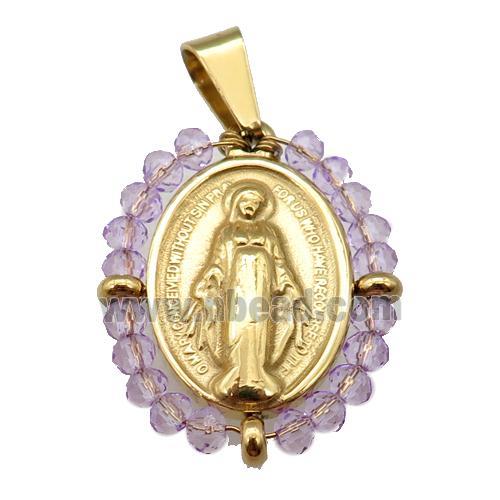 stainless steel Jesus pendant with purple crystal glass wrapped, gold plated