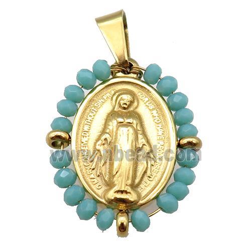 stainless steel Jesus pendant with green crystal glass wrapped, gold plated
