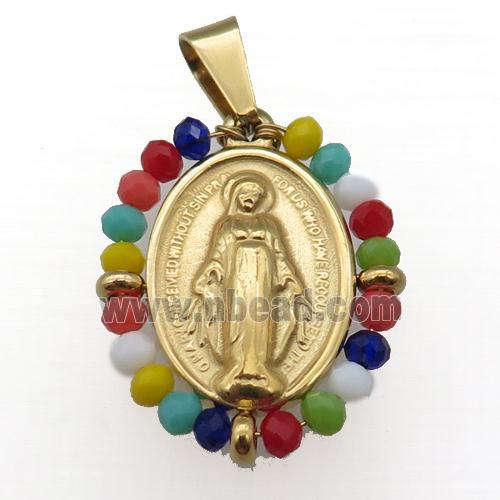 stainless steel Jesus pendant with mix crystal glass wrapped, gold plated