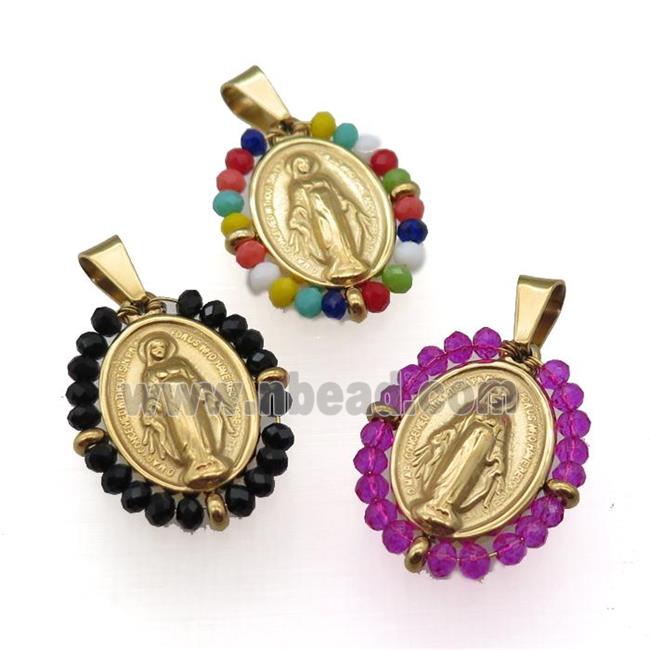 stainless steel Jesus pendant with crystal glass wrapped, gold plated, mixed