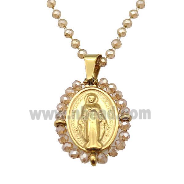 Stainless Steel Jesus Necklace Champagne Crystal Glass Gold Plated