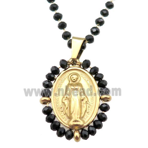 Stainless Steel Jesus Necklace Black Crystal Glass Gold Plated