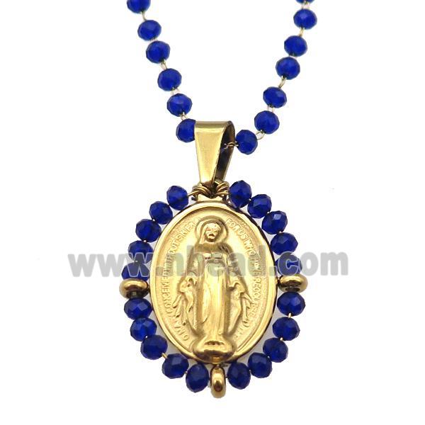 Stainless Steel Jesus Necklace Deepblue Crystal Glass Gold Plated