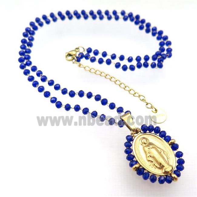 Stainless Steel Jesus Necklace Deepblue Crystal Glass Gold Plated