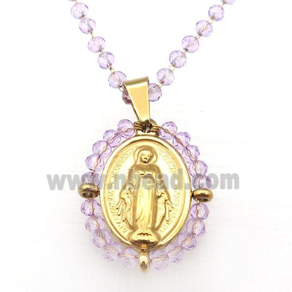 Stainless Steel Jesus Necklace Lt.purple Crystal Glass Gold Plated