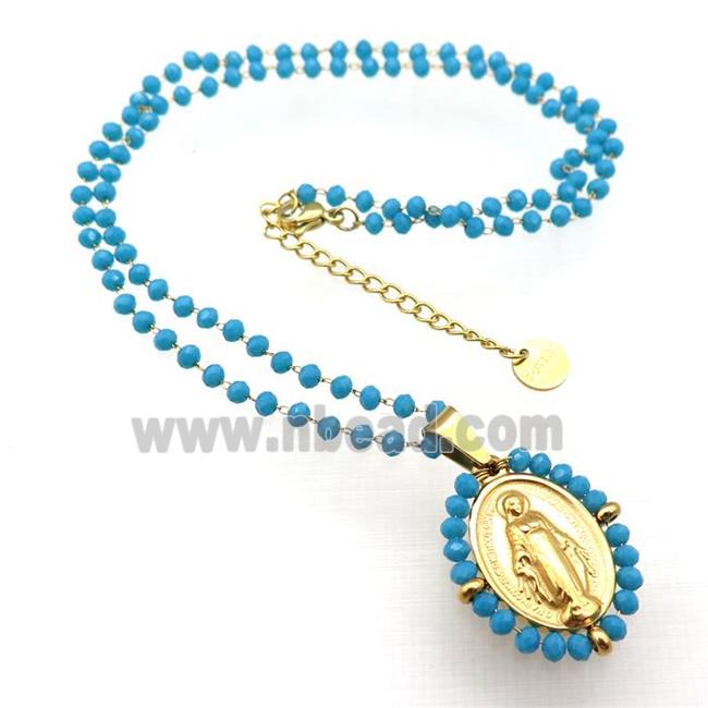 Stainless Steel Jesus Necklace Teal Crystal Glass Gold Plated