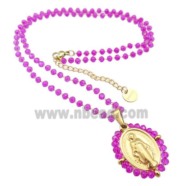 Stainless Steel Jesus Necklace Hotpink Crystal Glass Gold Plated