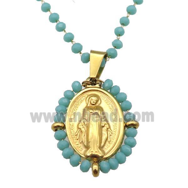 Stainless Steel Jesus Necklace Green Crystal Glass Gold Plated