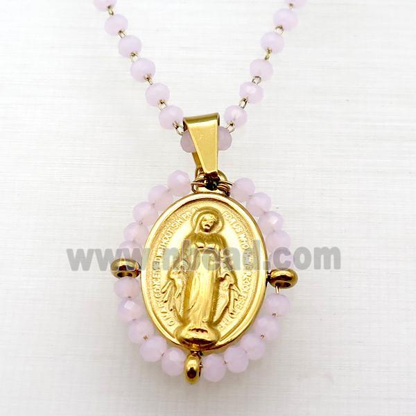 Stainless Steel Jesus Necklace Pink Crystal Glass Gold Plated