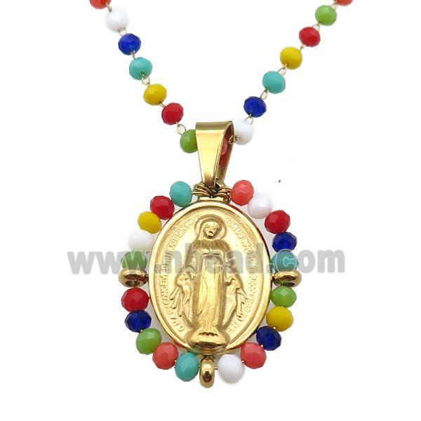 Stainless Steel Jesus Necklace Multicolor Crystal Glass Gold Plated