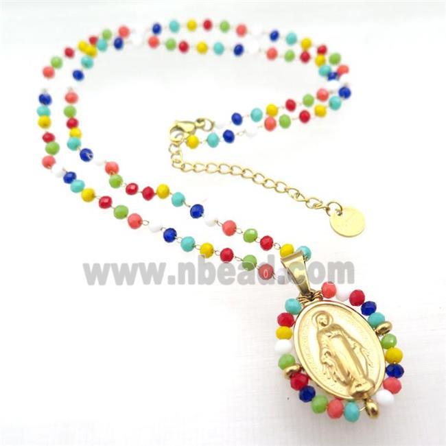 Stainless Steel Jesus Necklace Multicolor Crystal Glass Gold Plated