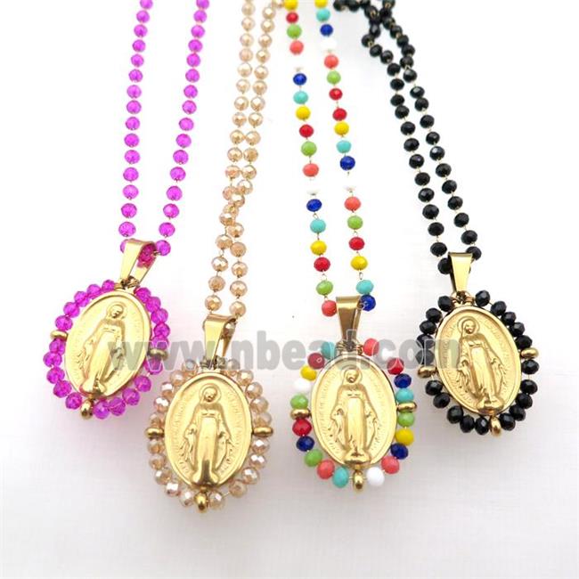 Stainless Steel Jesus Necklace Crystal Glass Gold Plated Mixed