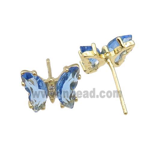 lt.blue Crystal Glass Butterfly Stud Earrings, gold plated