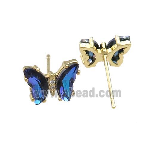 blue Crystal Glass Butterfly Stud Earrings, gold plated