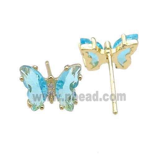 aqua Crystal Glass Butterfly Stud Earrings, gold plated