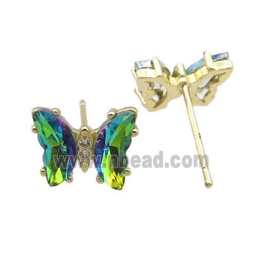 green Crystal Glass Butterfly Stud Earrings, gold plated