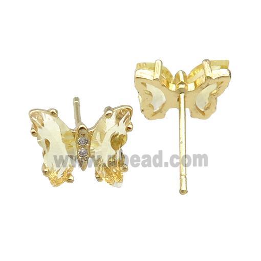 champagne Crystal Glass Butterfly Stud Earrings, gold plated