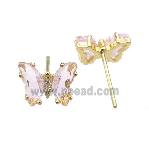 lt.pink Crystal Glass Butterfly Stud Earrings, gold plated