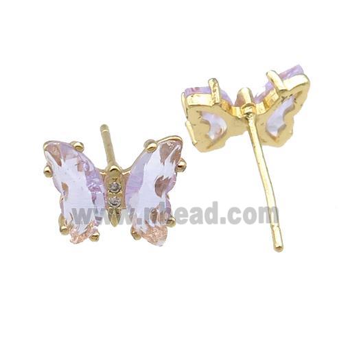 lavender Crystal Glass Butterfly Stud Earrings, gold plated