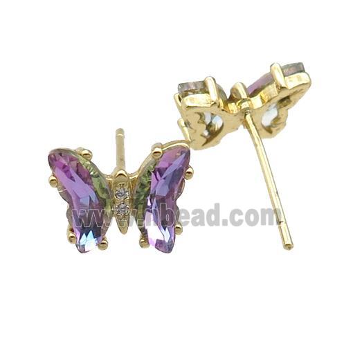 purple Crystal Glass Butterfly Stud Earrings, gold plated