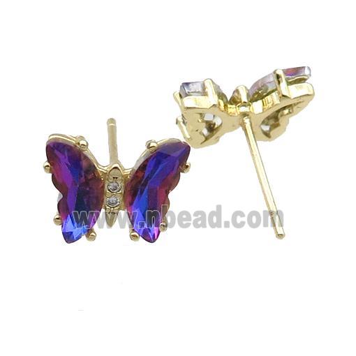 darkpurple Crystal Glass Butterfly Stud Earrings, gold plated