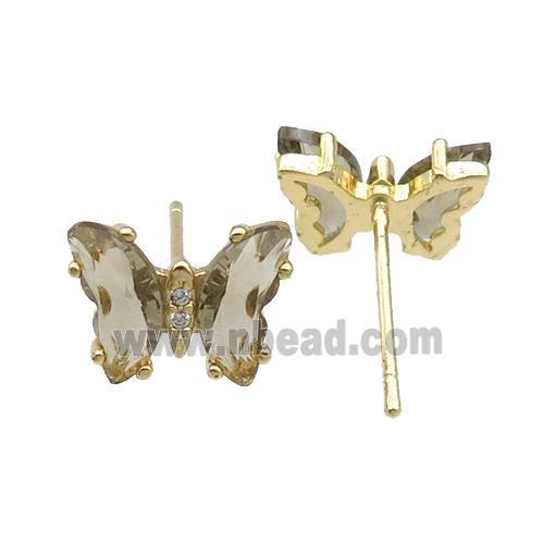 smoky Crystal Glass Butterfly Stud Earrings, gold plated