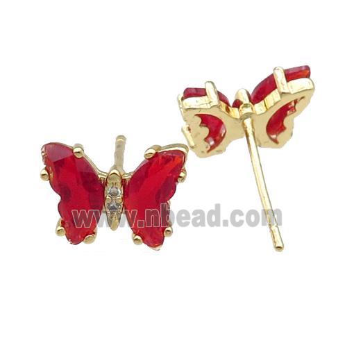 red Crystal Glass Butterfly Stud Earrings, gold plated