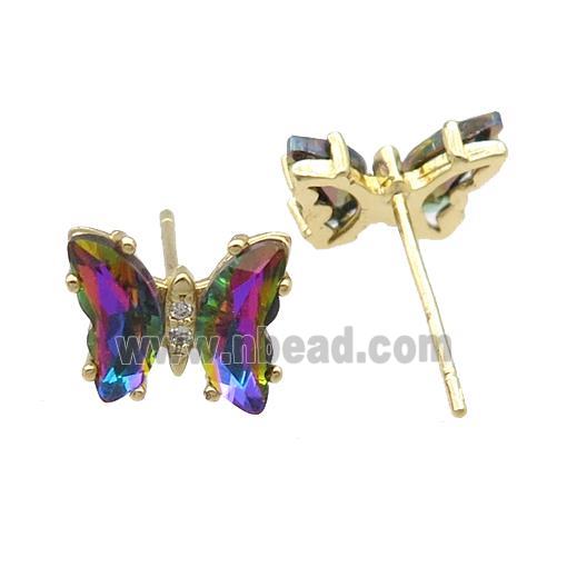rainbow Crystal Glass Butterfly Stud Earrings, gold plated