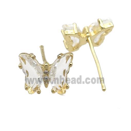 clear Crystal Glass Butterfly Stud Earrings, gold plated