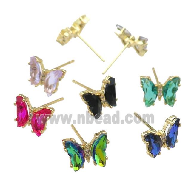 Crystal Glass Butterfly Stud Earrings paved zircon, gold plated, mixed