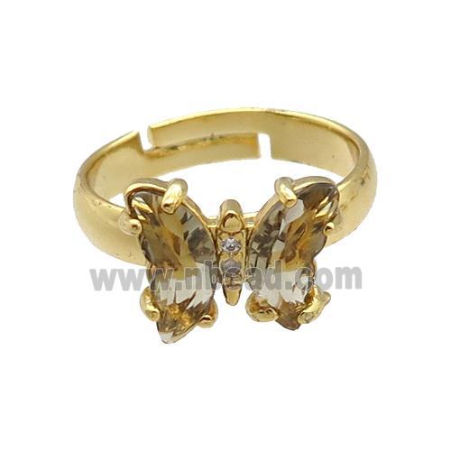 smoky Crystal Glass Butterfly Rings, gold plated