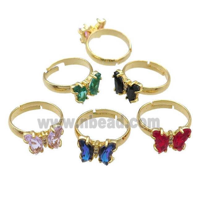 Crystal Glass Butterfly Rings, gold plated, mixed