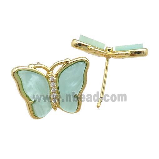 green Resin Butterfly Stud Earrings, gold plated