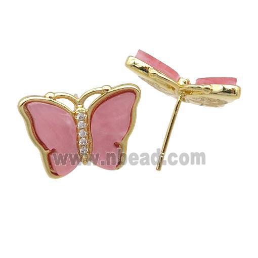 pink Resin Butterfly Stud Earrings, gold plated