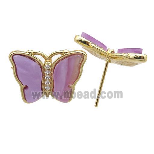 lavender Resin Butterfly Stud Earrings, gold plated