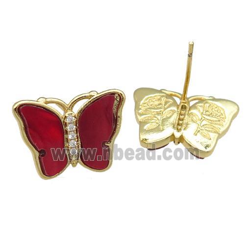 red Resin Butterfly Stud Earrings, gold plated