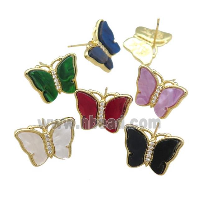 Resin Butterfly Stud Earrings pave zircon, gold plated, mixed