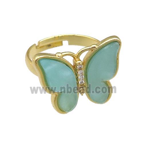green Resin Butterfly Rings, adjustable, gold plated