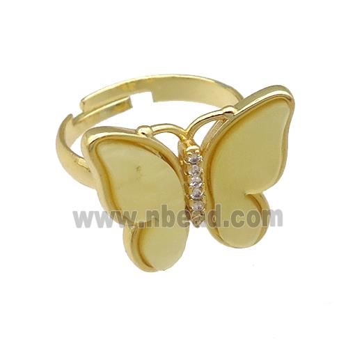 yellow Resin Butterfly Rings, adjustable, gold plated