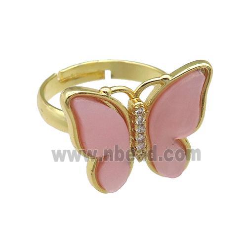 lt.pink Resin Butterfly Rings, adjustable, gold plated