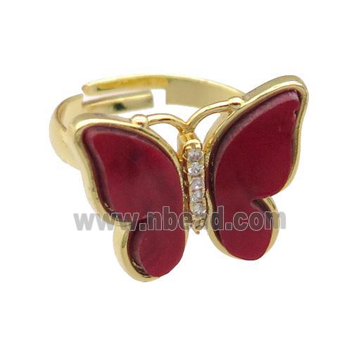 red Resin Butterfly Rings, adjustable, gold plated