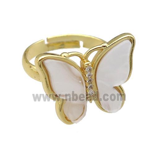 white pearlized Resin Butterfly Rings, adjustable, gold plated