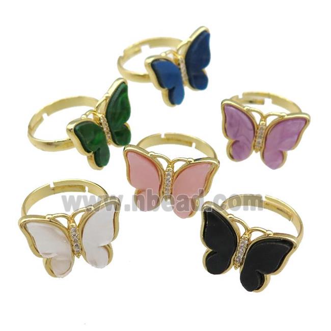 Resin Butterfly Rings pave zircon, adjustable, gold plated, mixed