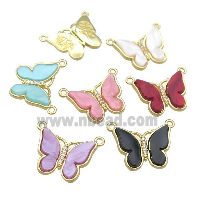Resin Butterfly Pendant pave zircon with 2loops, gold plated, mixed