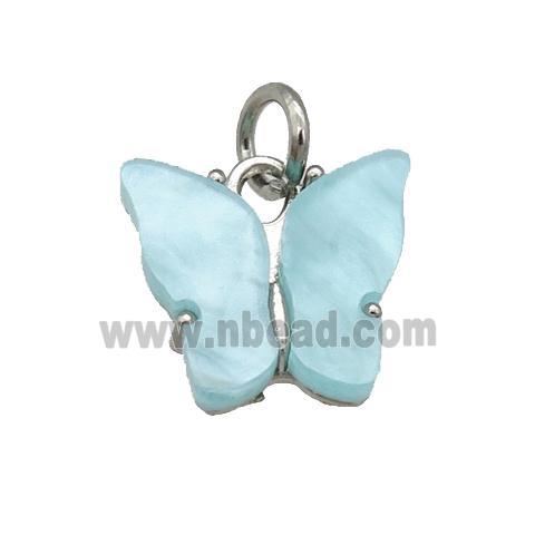 blue Resin Butterfly Pendant, platinum plated