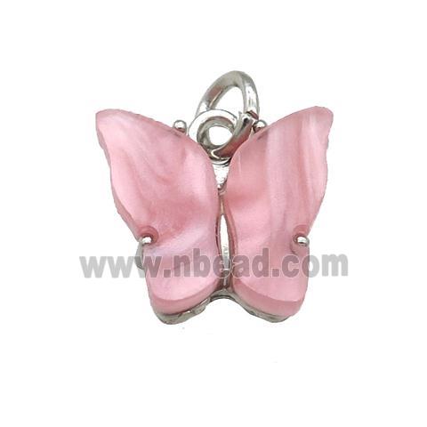 pink Resin Butterfly Pendant, platinum plated