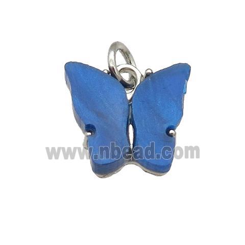 blue Resin Butterfly Pendant, platinum plated